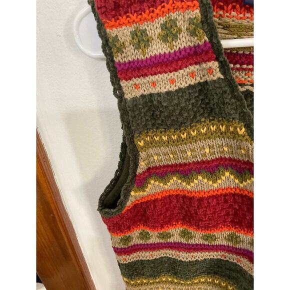 VTG Lizsport Chenille Knit Sweater Vest Stripes 3D Earthy V Neck Buttons Medium - Picture 5 of 7